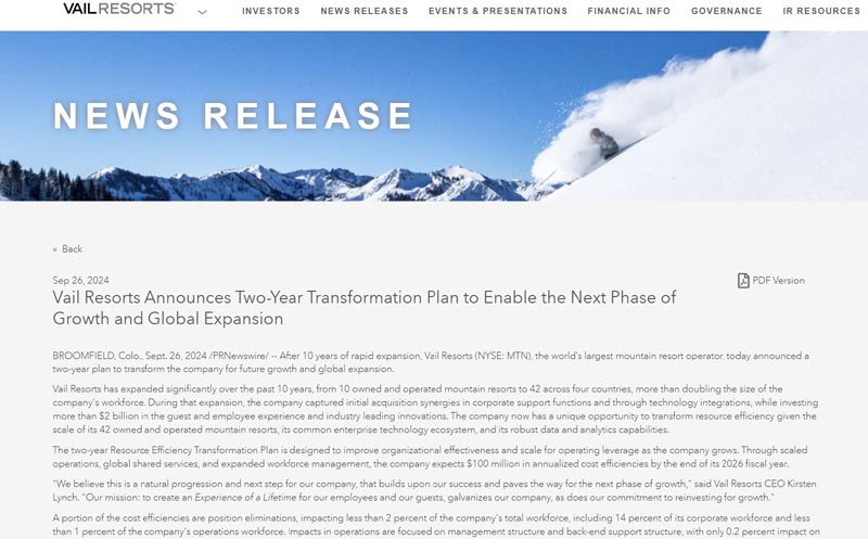 Vail Resorts Announces Job Downsizing Plan